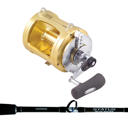 Gold, silver, and black baitcaster with a black handle, and gold body. Beside the bailcaster there is a black and silver rod