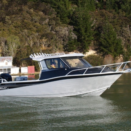 White and dark navy boat with a white hard top canopy on the water