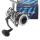 Silver and black fishing reel with black handle, black bail, and black drag adjustment