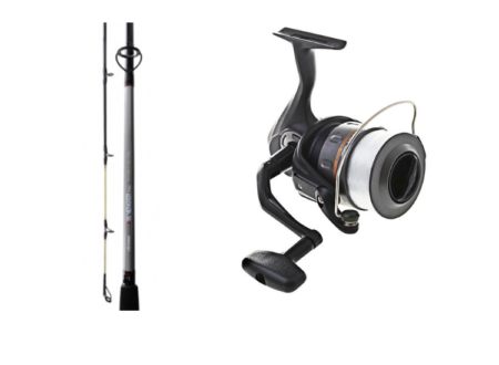 Black, silver, and orange reel with silver line spool. Beside the reel there is a grey, black, and yellow rod
