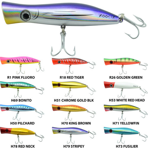 IRRESISTIBLE TOPWATER LURE BY HALCO ROOSTA POPPER 160 color H51 CH/GD BLACK BACK 