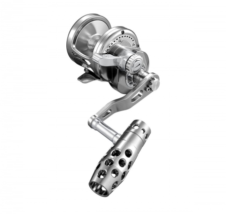 Baitcaster with a silver spool tension, silver drag, silver reel seat, and a handle that has holes for design and grip purposes