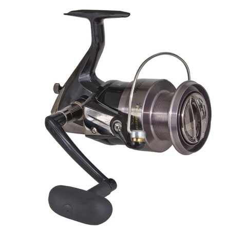 Reel with a black foot, black handle, and a dark silver body and silver bail