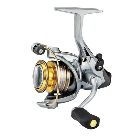 Silver fishing reel with black and gold handle, and a gold line spool and bail
