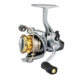 Silver fishing reel with black and gold handle, and a gold line spool and bail