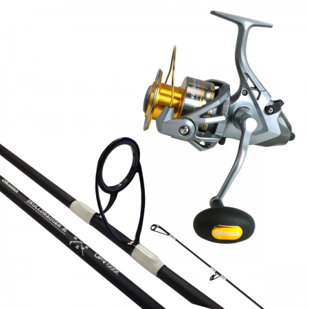 Fishing reel that is silver, black and gold. Beside the reel is a three part section of a rod that is black and white