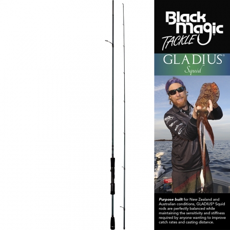 Black graphite rod beside a fisherman on a boat holding up a brown squid