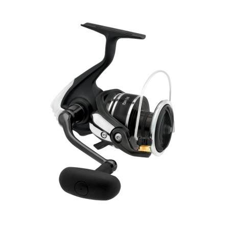 Black , silver, and gold fishing reel. Black reel foot, and black handle, with a silver reel body, line roller, and spool release