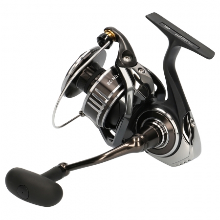 Black, bronze, and silver fishing reel. Black reel foot and handle, with silver line roller. Bronze line spool, and a silver reel body