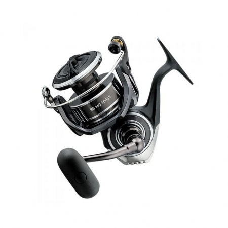 Black and silver spinning reel with a black and grey handle and a silver bail arm