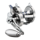 Reel with a silver foot, body, bail and handle. Blue detailing, and white Saltiga logo on body