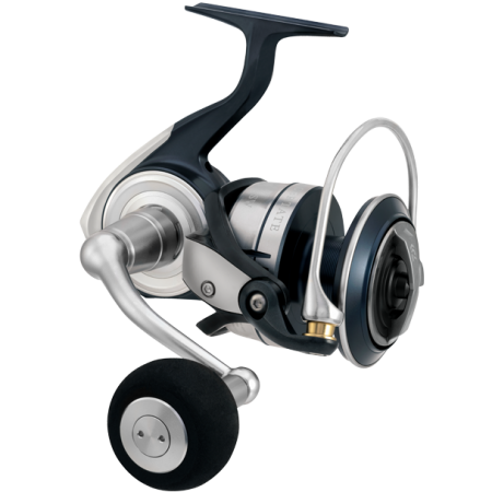 Silver reel with silver bail and silver handle. Black reel foot and spool release