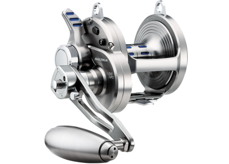 Fishing reel with silver body, silver bail, silver handle, with blue detailing