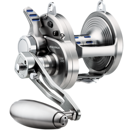 Fishing reel with silver body, silver bail, silver handle, with blue detailing