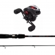 Black and red baitcaster, beside a black rod with red designs and white text. the reel has a red spool tension, and spool