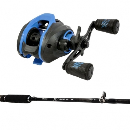 Blue and black baitcaster with a blue spool and blue details on the handle. The reel is above a black and silver rod