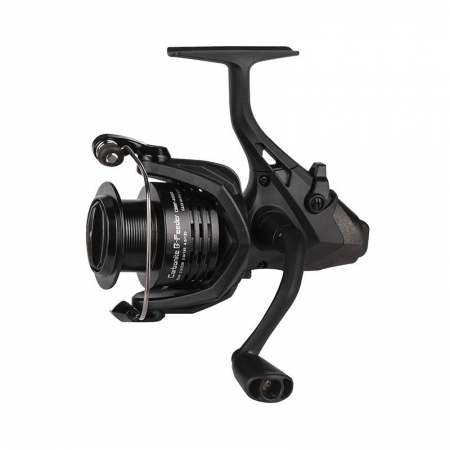Black reel with silver bail and black line spool. The reel has product details printed in white around a black spool