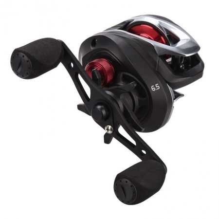 Black and silver reel, with a double black handle. The line roller and inside the line spool is red