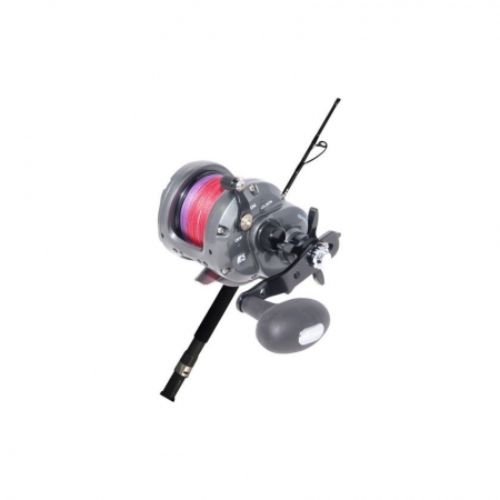 Grey baitcaster with black drag and spool tension nob. The rod is black, and the reel has pink and purple nylon