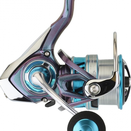 Purple and blue reel with silver bail arm, silver line spool, and silver and blue handle