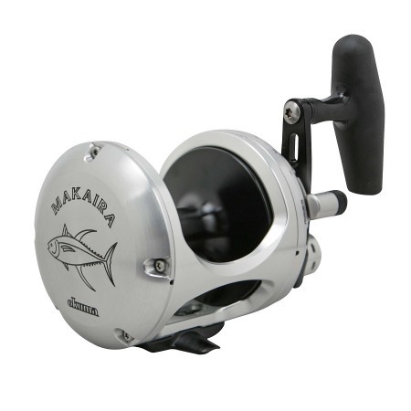 Silver reel with a black handle with the Makaira icon printed on the side of the body with a black line spool