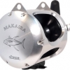 Silver baitcaster with a black handle and black spool. On the side of the body there is black text and branding