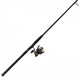 Black fishing rod with black guides attached to a black and gold fishing reel with a gold handle