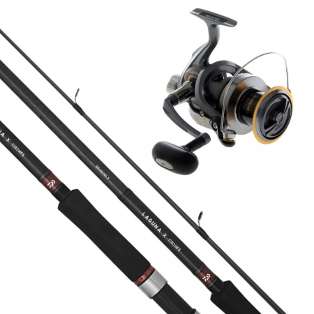 Black, silver, and orange reel beside a black rod with brown trim. The reel has a black body and handle, and a silver line spool