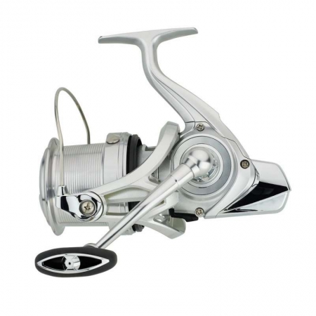 Reel with silver body, silver foot, silver and black handle, silver spool, and silver bail