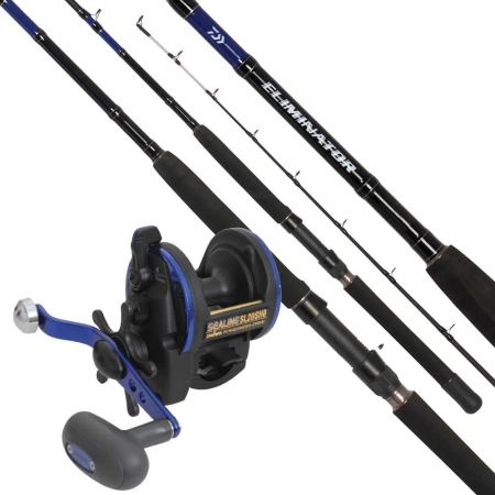 Black and blue baitcaster, beside a black and blue rod displayed in four sections. The reel has a blue set of handles and a black drag