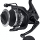 Reel with a black body, black handle, black bail, and a silver spool and drag adjustment