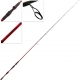 Black and red rod with red logo, and close up images of eyelets and handle