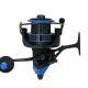 Black reel, with black and blue handle, black bail, and a black and blue line spool