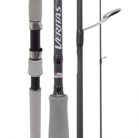 Four sections of a grey carbon fibre fishing rod with the text Veritas in white