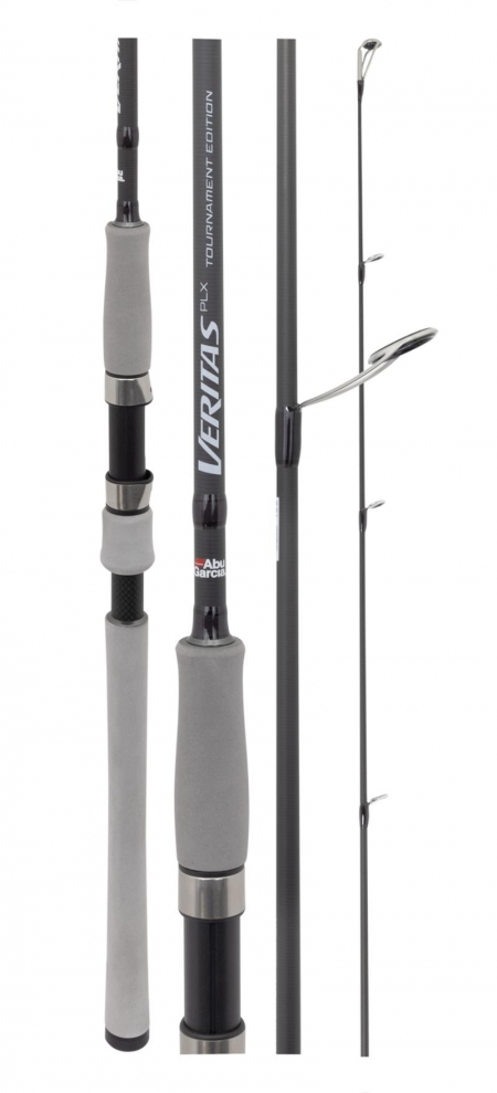 Four sections of a grey carbon fibre fishing rod with the text Veritas in white