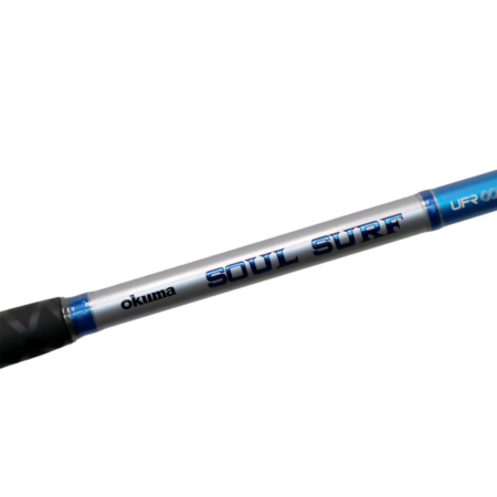 Close up of a fishing rod that has a black handle, with silver and blue rod. The silver rod has a blue text that reads Soul Surf