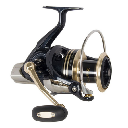Fishing reel with black and brown body, black foot, gold and black handle and a silver bail