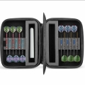 Firm foam slots hold and protect 12 fully assembled darts without crushing flights. Genius dual-sided inner sleeve with multiple compartments with maximised storage capacity, including a full-depth zipped pocket for secure phone storage. Five generous pockets and 12 elastic straps for spare dart stems, shafts, flights, and points. Water-resistant, portable, and easy clean dart organizer with high-quality zipper closure, nylon hand strap, and metal d ring.